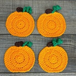 Pumpkin Cup Mug Coasters Set of 4 Handcrafted Crochet by Seller Cotton